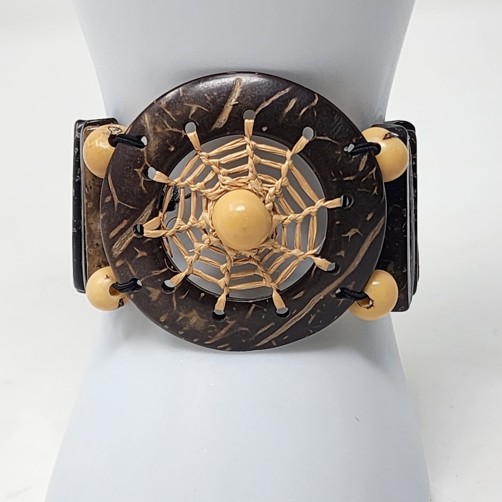 Cocunut Shell/Wood Carved Bohemian Brown and Beige Spider Webb‎ Woven Bracelet